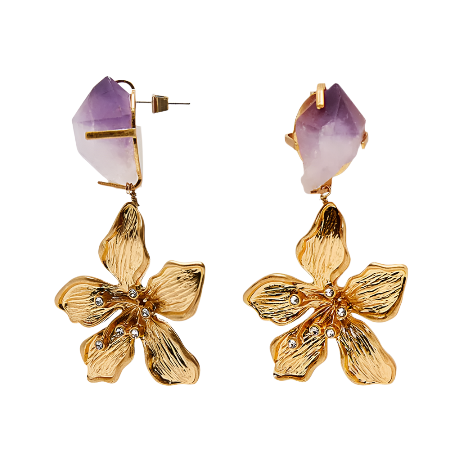 Metal Flower Purple Rock Earrings.