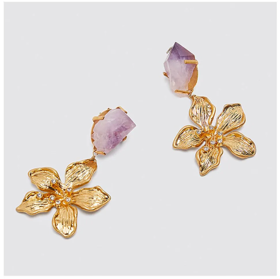 Metal Flower Purple Rock Earrings.