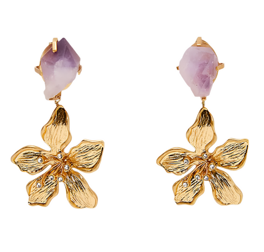 Metal Flower Purple Rock Earrings